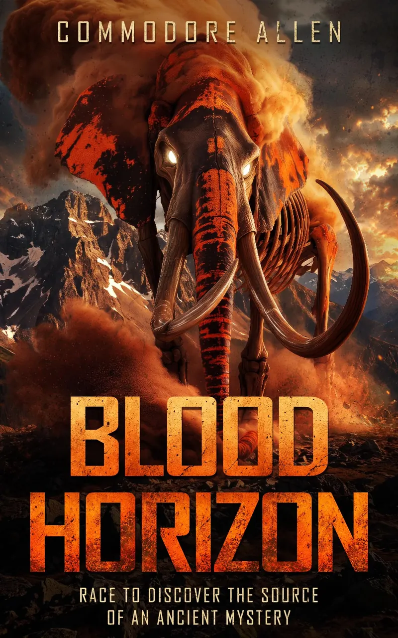 Blood Horizon cover — a skeletal mammoth advancing through a burning dust storm