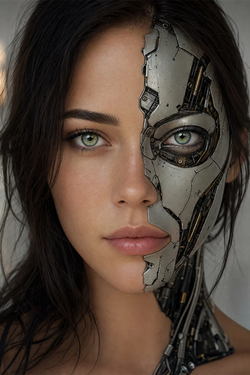 She's Not Her cover art — a woman whose face is half human, half android